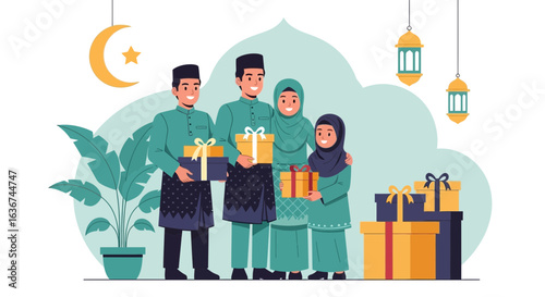 Joyful Muslim Family Celebrating Eid with Presents and Traditional Clothing