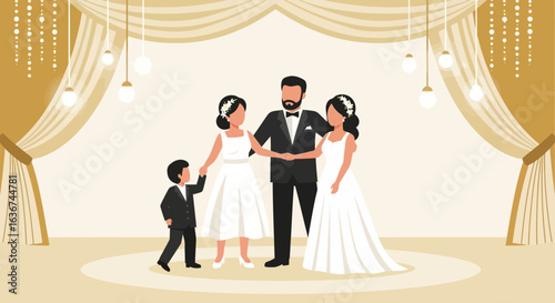 Joyful Polygamous Family Celebrates the Union Beneath Ornate Wedding Stage