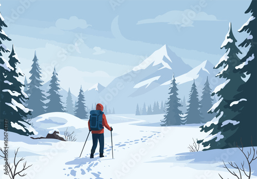 A solitary hiker on a winter hiking adventure, trekking through a snowy forest landscape with majestic mountains in the distance