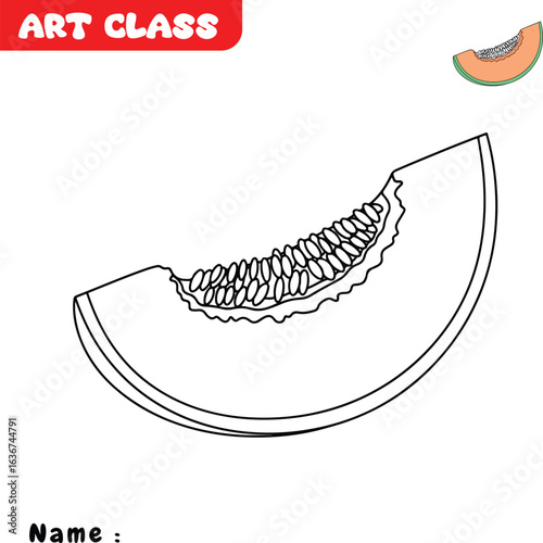 Black and white outline drawing of a cantaloupe slice with visible seeds, perfect for kids’ coloring pages, educational fruit worksheets, printable art activities, healthy food lessons, and craft proj