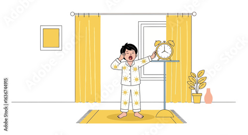 Morning Yawn Of Young Boy Waking up with Alarm Clock at Home