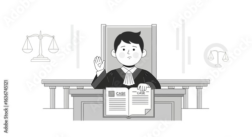 Judge Raising Hand At His Bench While Swearing With Scales Of Justice