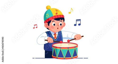 Joyful Young Musician Plays Drum With Enthusiasm And Enjoyment For Music