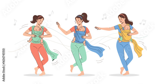 Mothers Enjoying Bonding Moments Through Dancing With Babies In Carriers Expressing Joy