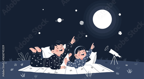 Kids Enjoying Night Sky Observing Celestial Bodies with Telescope In Pajamas