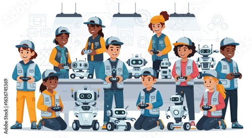 Kids Enthusiasm Robotic Engineering And Coding Education In Modern Workshop