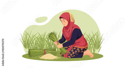 Muslim Woman Farmer Planting Rice Seedlings In the Rice Field Cartoon Illustration