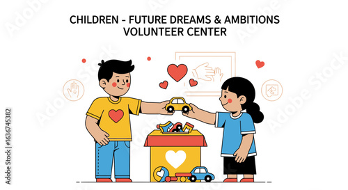 Kids Giving Toys For Charity Drive At The Volunteer Center Concept Flat Vector Illustration