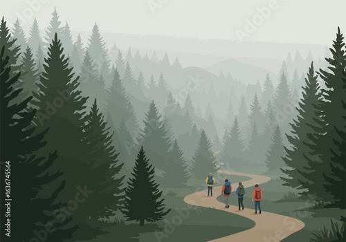 A group of friends on a scenic hiking adventure, walking along a winding trail through a dense and foggy pine forest with mountains.