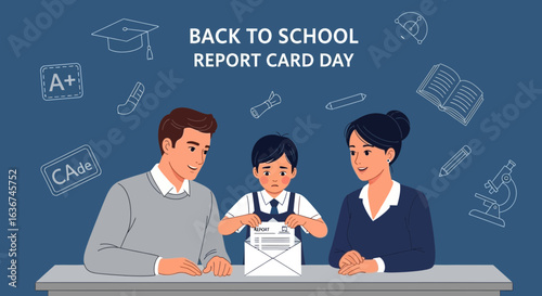 Nervous Child Receiving Report Card From Parents At The School In Classroom