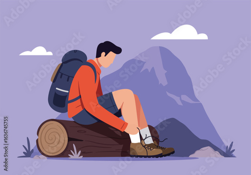 Male hiker resting on a log to adjust his boot during a solo hiking expedition in a majestic mountain wilderness, vector illustration.