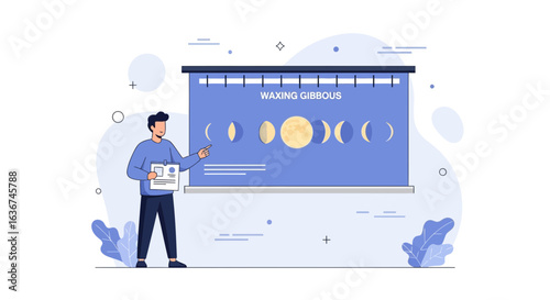 Lecturer Explaining Moon Phases Demonstrating Waxing Gibbous in Classroom Illustration