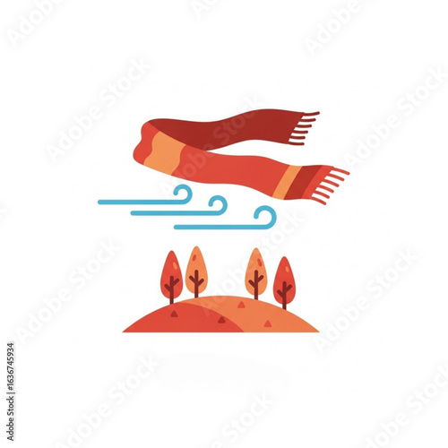 Whimsical autumnal scene showcasing a scarf fluttering in the breeze above a small hill dotted with trees, evoking a sense of changing seasons and vibrant landscapes
