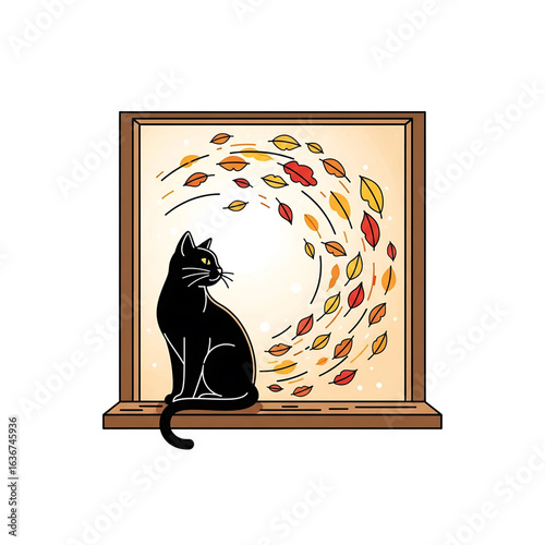A contemplative moment: black cat observes the swirling autumn leaves beyond the window pane contemplating the changing of seasons from indoors providing warmth