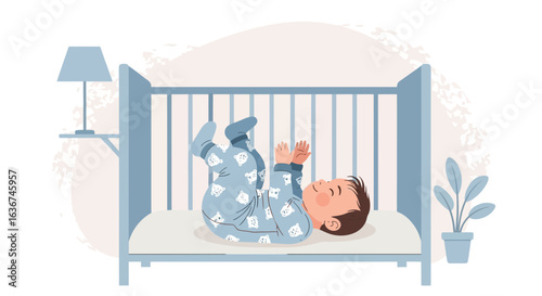 Little Boy Lying In Crib, Playtime In Crib, Cute Baby In Pajamas Playing