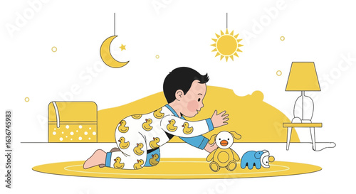 Little Boy Reaching Toys At Home During Daytime And Nighttime Concept