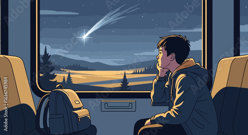 Night Journey Contemplation With Falling Star By Train Window Illustration