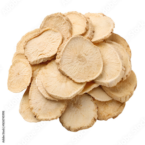 Dried sliced astragalus root isolated on white background