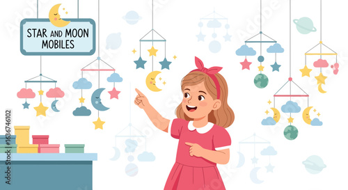 Little Girl Admiring Colorful Star And Moon Mobiles At The Children Store