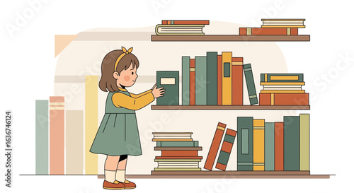 Little Girl Choosing Book In Home Library With Bookshelves Full Of Novels