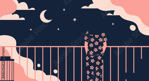 Night View On Balcony With Floral Patterned Kimono Under The Moonlit Sky
