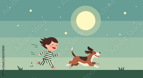 Nighttime Adventure: A Child and Their Dog Run Under the Moonlight Together Happily