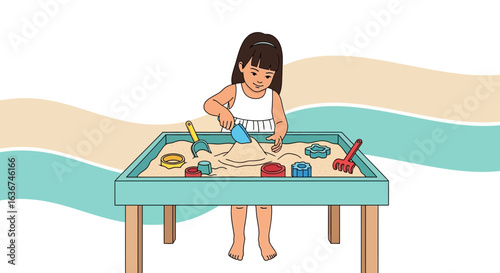 Little Girl Playing In A Sandbox Creating Sandcastles With Tools Illustration