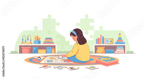 Little girl playing puzzle at kindergarten, learning through play and develop logical thinking, educational activities for kid concept