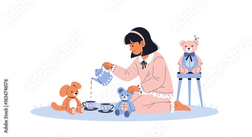 Little Girl Engaged in a Playful Tea Party with Adorable Stuffed Animals