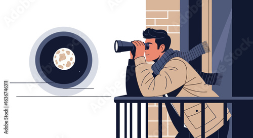 Nighttime Scenery An Observant Man Gazes at Moon With Binoculars On Balcony