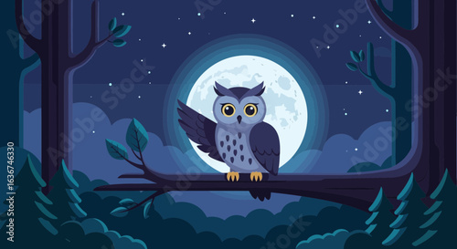 Nighttime Serenade An Owl Perched On Branch With Moonlit Backdrop Vector Illustration