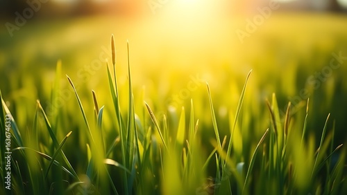 Lush spring grass field with soft sunlight and green tones fading into dreamy bokeh.
