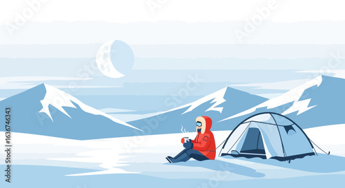 Lone Adventurer Relaxing With Beverage Near Tent On Snow Landscape