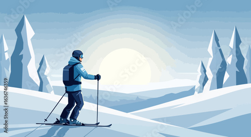 Lone Skier Enjoying Winter Landscape Adventure With Snowy Mountain Views
