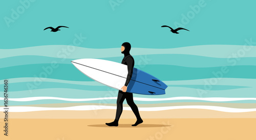 Lone Surfer Walking With Surfboard On Beach Enjoying Ocean Scenery