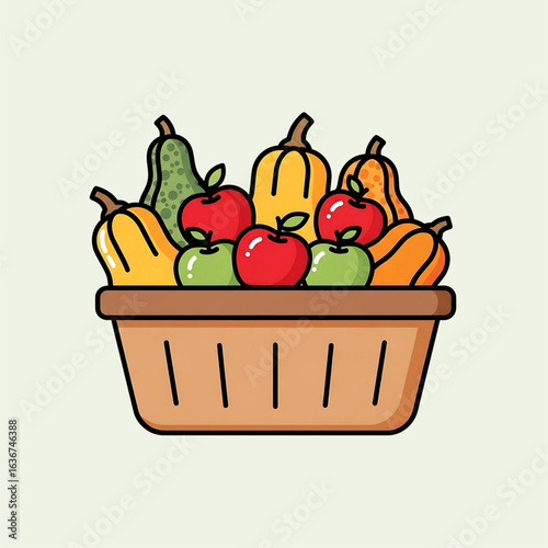 A bountiful harvest celebration: vibrant fruits and gourds arranged in an inviting woven basket, a colorful and cheerful display of autumnal abundance