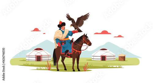 Nomadic Hunter On Horseback In Mongolia Holding Eagle Cartoon Illustration
