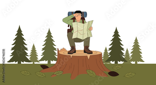 Lost Hiker Searches The Horizon While Reading A Map In Wilderness