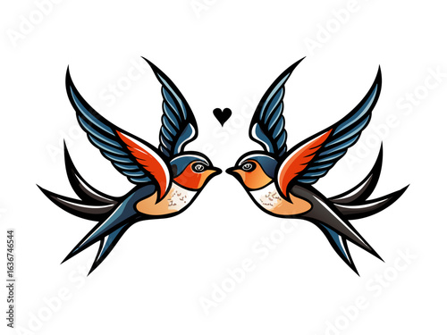 Two swallow isolated on white background. Design bird in retro vintage style for old school tattoo, print, label, poster.

