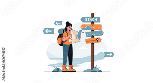 Lost traveler with map near a beach signpost seeking the way to the destination illustration