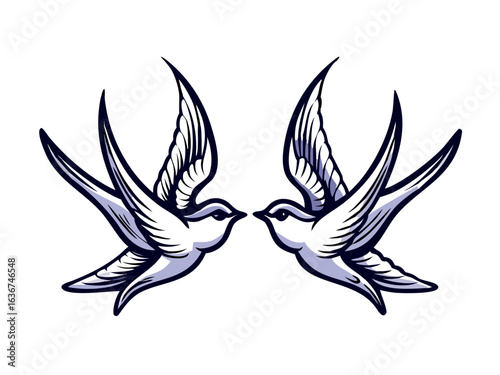Two swallow isolated on white background. Design bird in retro vintage style for old school tattoo, print, label, poster.

