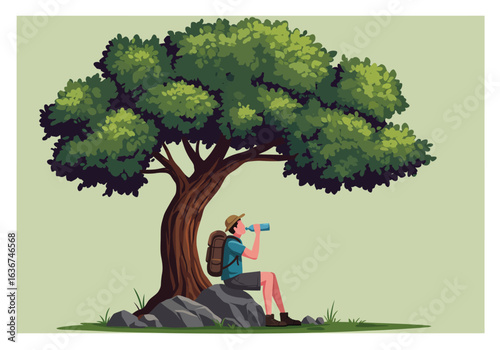 A lone hiker takes a refreshing break, drinking water while sitting on a rock under a large, shady tree during a summer hiking adventure