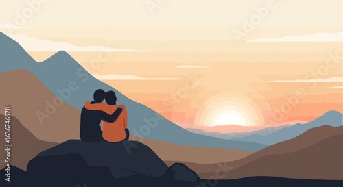 Loving Couple Embracing Silhouetted Against a Warm Sunset Mountain View