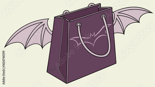 A whimsical purple gift bag adorned with a stylized bat emblem and attached with large light purple bat wings suggesting a magical or halloween theme