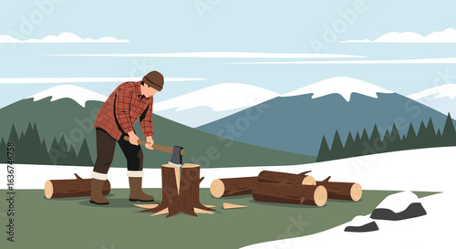 Lumberjack chopping wood in a snowy mountain landscape illustration