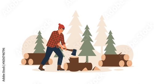 Lumberjack With Axe Chopping Wood Logs In Forest Outdoors Scene Illustration
