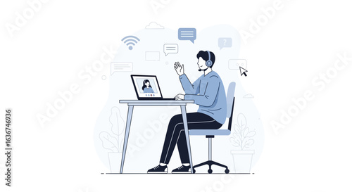 Online Meeting Remote Worker Man Waving Hand Distance Communication at Desk