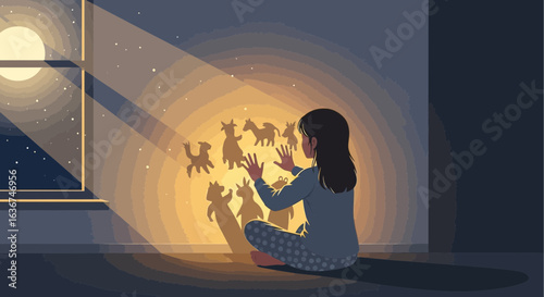 Magical Nighttime Imagination Young Girl Creates Animal Shadows on Wall