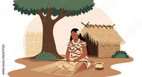 Pacific Island Woman Weaving a Mat by Traditional Hut in Tropical Setting