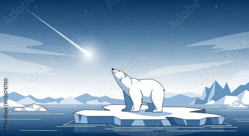 Majestic Polar Bear Observes Celestial Phenomenon In Arctic Landscape